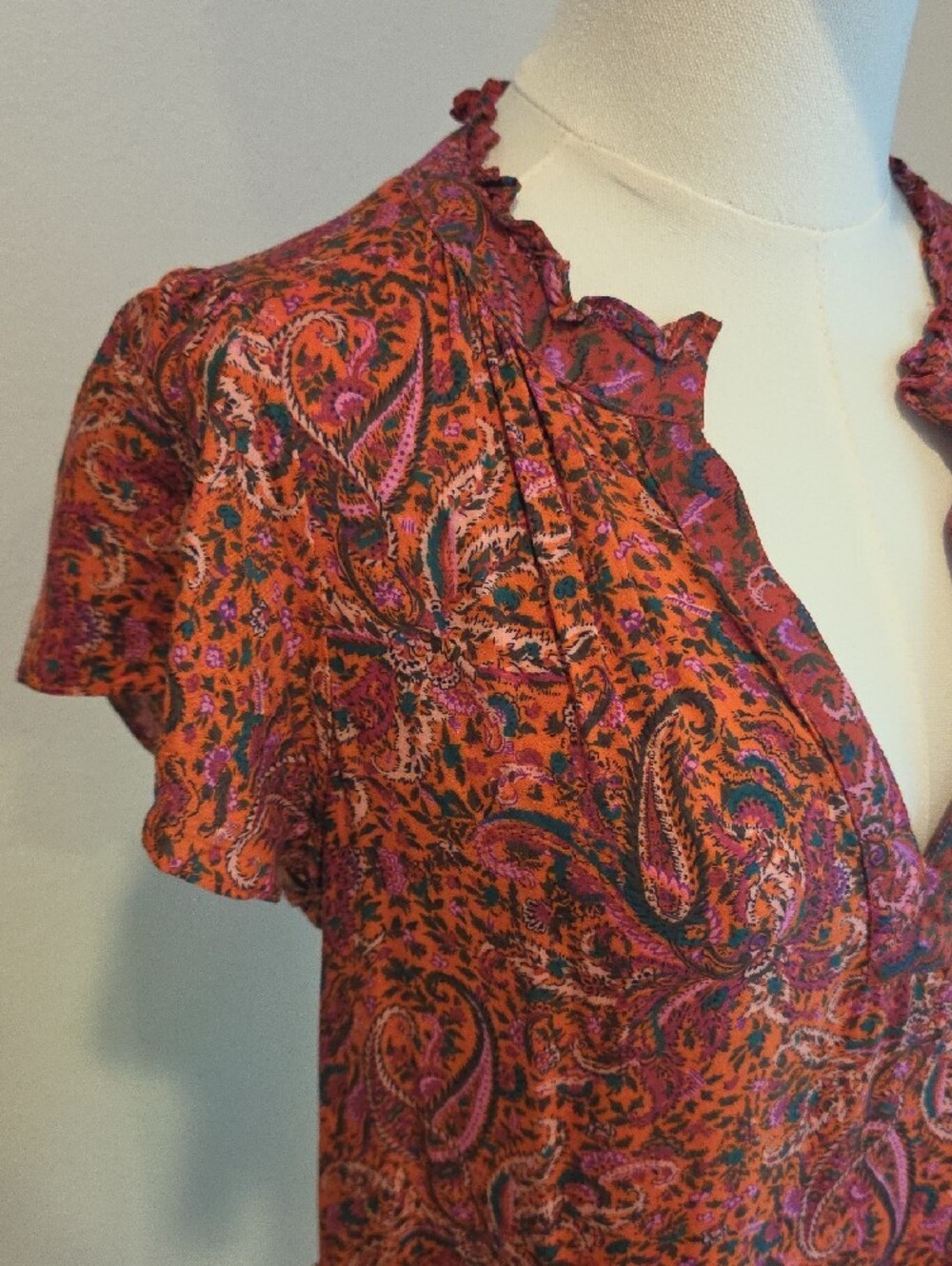 Anthropologie Pink Paisley Ruffled V-Neck Tiered Mini Dress - Picture 2 of 13